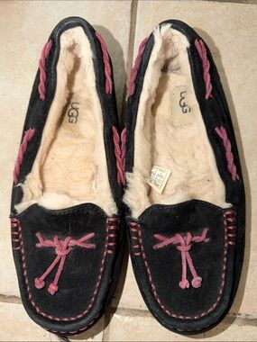 UGG Black Suede Moccasin Slippers with Pink Accents